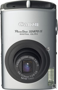 Canon's PowerShot SD870 IS digital camera. Courtesy of Canon, with modifications by Michael R. Tomkins. Click for a bigger picture!