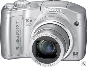 Canon's PowerShot SX100 IS digital camera. Courtesy of Canon, with modifications by Michael R. Tomkins. Click for a bigger picture!
