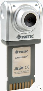 Pretec's Secure Digital SmartCam card. Courtesy of Pretec, with modifications by Michael R. Tomkins. Click for a bigger picture!