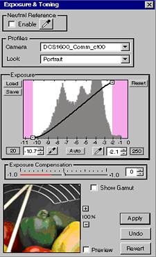 Kodak's DCS Capture Studio Version 1.5, 'Exposure and Toning' dialog. Courtesy of Kodak.