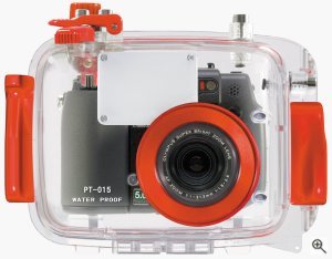 Olympus' PT-015 underwater housing for the C-5050 Zoom digital camera. Courtesy of Olympus, with modifications by Michael R. Tomkins. All rights reserved.