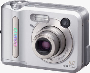 Casio's QV-R62 digital camera. Courtesy of Casio, with modifications by Michael R. Tomkins. Click for a bigger picture!
