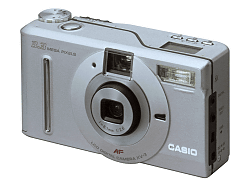 Casio's QV-3 digital camera, front left quarter view. Courtesy of Casio - click for a bigger picture!