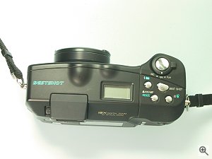 Casio's QV-3500EX Plus digital camera, top view. Copyright (c) 2001, Michael R. Tomkins, all rights reserved. Click for a bigger picture!