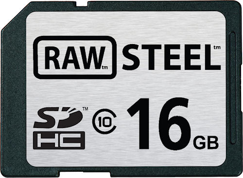 Hoodman's RAW STEEL 16GB Class 10 ruggedized SDHC card. Image provided by Hoodman Corp. Click for a bigger picture!