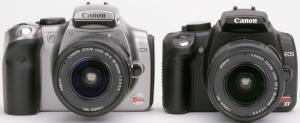 Canon's EOS Digital Rebel compared with the Digital Rebel XT. Courtesy of Canon, with modifications by Michael R. Tomkins. Click for a bigger picture!
