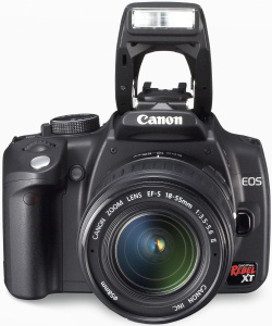 Canon's EOS Digital Rebel XT. Courtesy of Canon, with modifications by Michael R. Tomkins. Click for a bigger picture!