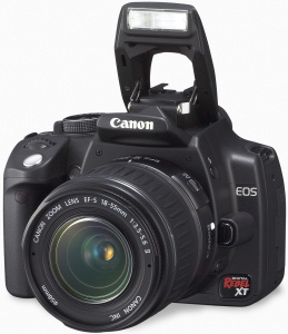 Canon's EOS Digital Rebel XT. Courtesy of Canon, with modifications by Michael R. Tomkins. Click for a bigger picture!