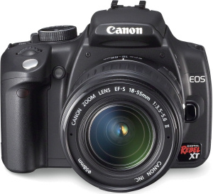 Canon's EOS Digital Rebel XT. Courtesy of Canon, with modifications by Michael R. Tomkins. Click for a bigger picture!