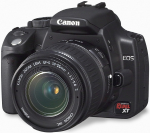 Canon's EOS Digital Rebel XT. Courtesy of Canon, with modifications by Michael R. Tomkins. Click for a bigger picture!