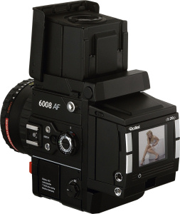 Rollei's 6008 AF 6x6 camera with PhaseOne db20p digital back. Courtesy of Rollei, with modifications by Michael R. Tomkins. Click for a bigger picture! 