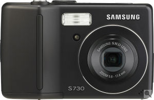 Samsung's S730 digital camera. Courtesy of Samsung, with modifications by Michael R. Tomkins. Click for a bigger picture!