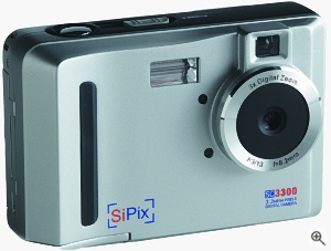 SiPix's SC3300 digital camera. Courtesy of SiPix, with modifications by Michael R. Tomkins. Click for a bigger picture!