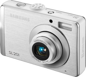 Samsung's SL201 digital camera. Courtesy of Samsung, with modifications by Michael R. Tomkins. Click for a bigger picture!
