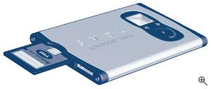 SMaL's Ultra-Pocket digital camera, oblique  view with MultiMediaCard inserted. Courtesy of SMaL - click for a bigger picture!