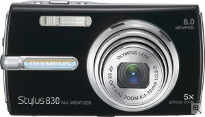 Olympus' Stylus 830 digital camera. Courtesy of Olympus, with modifications by Michael R. Tomkins. Click for a bigger picture!