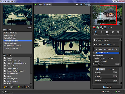 Topaz Labs' B&W Effects plugin, showing a preview of the Cerulean Cambridge Dynamic filter. Screenshot copyright &copy; 2011, Imaging Resource. Source image copyright &copy; 2010, Michael R. Tomkins, and used by permission. Click for a bigger picture!