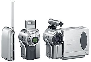 Sharp's VL-DD10 LCD Digital ViewCam in video camera configuration, shown with the TV and still camera components. Courtesy of Sharp Corp.
