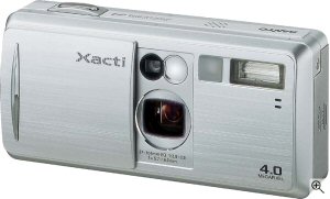 Sanyo's Xacti DSC-J4 digital camera. Courtesy of Sanyo, with modifications by Michael R. Tomkins. Click for a bigger picture!