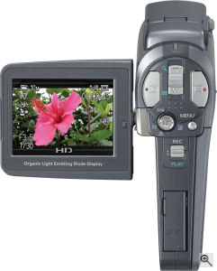Sanyo's Xacti VPC-HD1 digital camera. Courtesy of Sony, with modifications by Michael R. Tomkins. Click for a bigger picture!