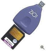 Microtech's ZiO! SmartMedia reader, shown with SmartMedia card. Courtesy of Microtech Int'l. Inc. - click for a bigger picture!