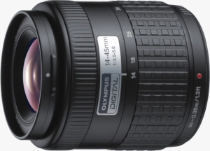 Olympus' Zuiko Digital 14-45mm F3.5-5.6 lens. Courtesy of Olympus, with modifications by Michael R. Tomkins. Click for a bigger picture!