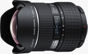 Olympus' Zuiko Digital 7-14mm F4.0 lens. Courtesy of Olympus, with modifications by Michael R. Tomkins. Click for a bigger picture!