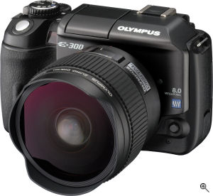 Olympus' Zuiko Digital ED 8mm F3.5 Full Frame Fisheye Lens on the Evolt E-300 Digital SLR. Courtesy of Olympus, with modifications by Michael R. Tomkins. Click for a bigger picture!