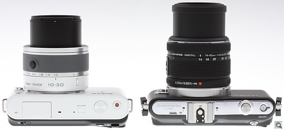 Nikon J1 vs Olympus E-PM1 Top Extended
