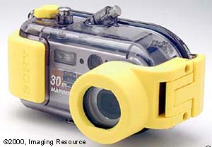 Sony's DSC-P1 digital still camera in the MPK-1 Marine Pack. Copyright 2000 Imaging Resource.