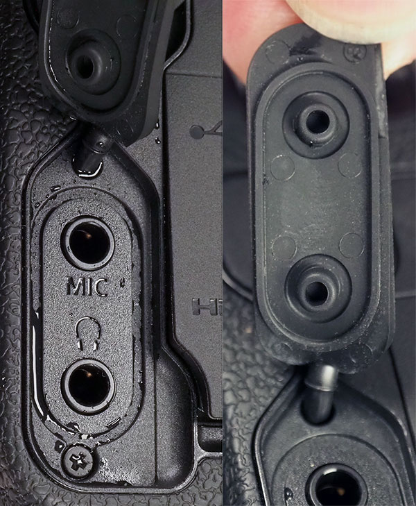 Canon EOS R Review -- At left, the microphone and headphone ports on the EOS R. At right, a closeup of their combined cover flap.