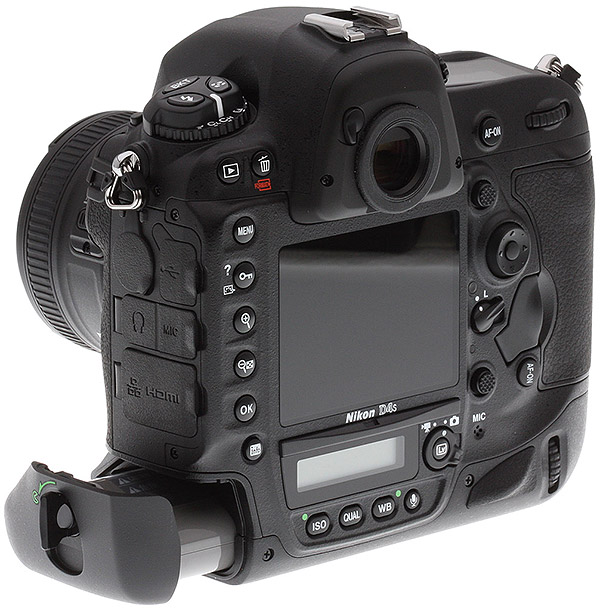 Nikon D4S Review -- Rear 3/4 view with battery open