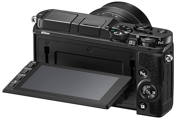 Nikon V3 Review -- rear 3/4 with LCD tilted