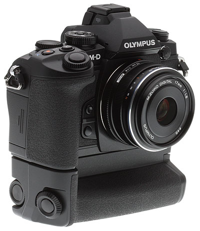 Olympus OM-D E-M1 review -- 3/4 shot with optional grip