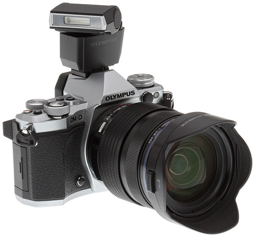 Olympus E-M5 II Review -- Olympus FL-LM3 bundled flash mounted