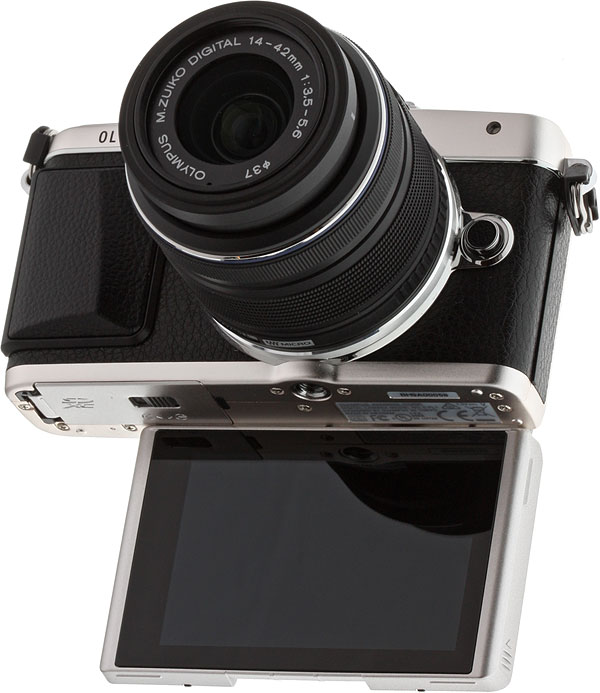 Olympus E-PL7 review -- bottom front view with LCD flipped foward