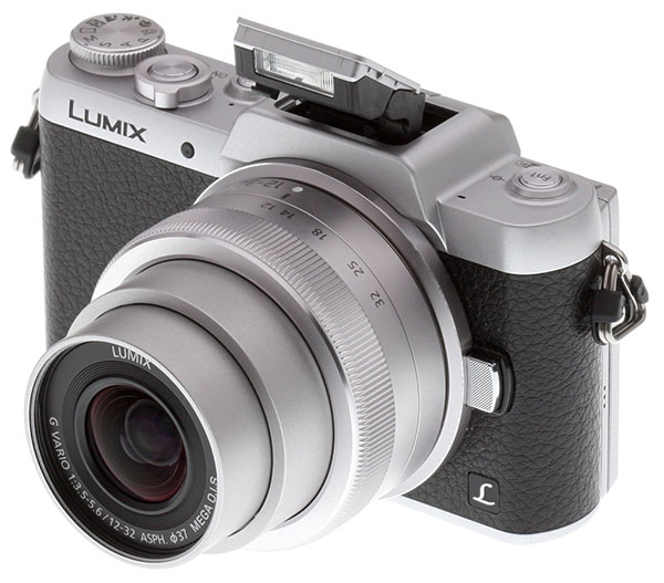 Panasonic GF7 Review -- Front three-quarter view with flash