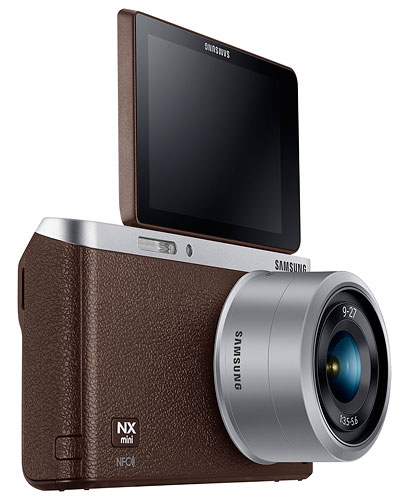 Samsung NX Mini Review -- 3/4 front right view with LCD up