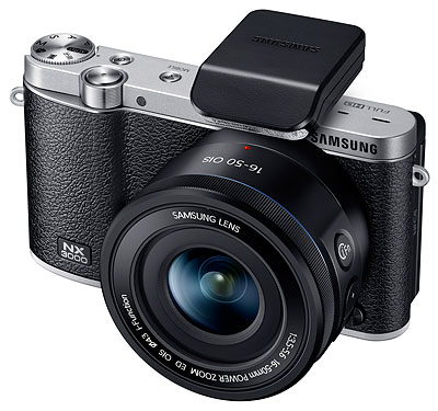 Samsung NX3000 Review -- Front left view with flash attached