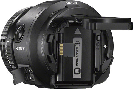 Sony QX1 review -- rear view showing battery and memory card