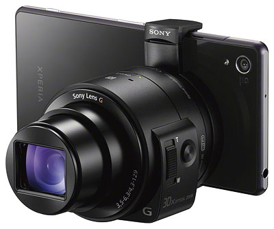 Sony QX30 review -- three quarter view, mounted on Xperia Z2 smartphone