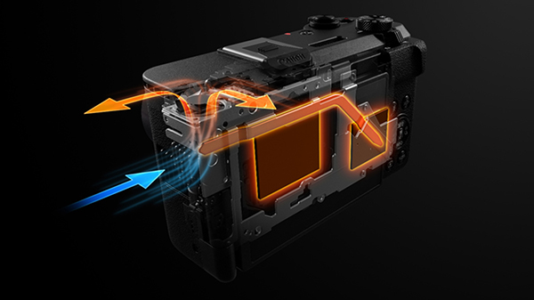 This is an image of a partially transparent view of the Canon PowerShot V1 so that you can see the cooling fan on a black background.