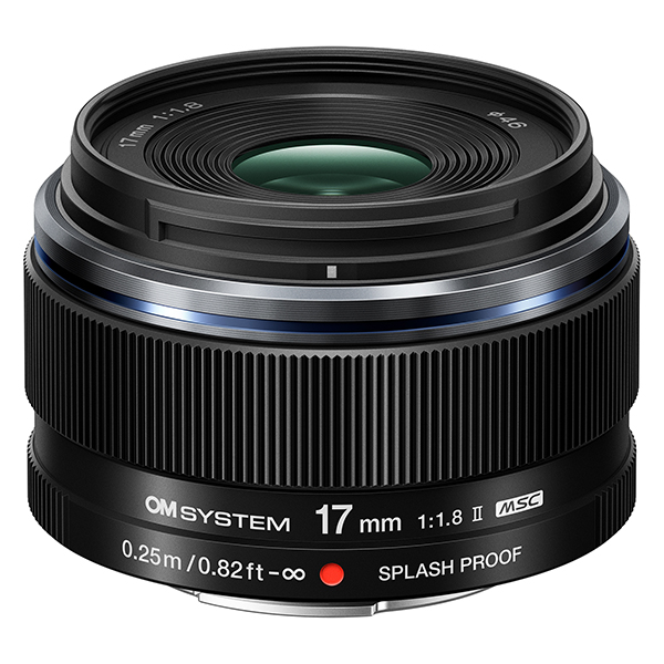 The Olympus M.ZUIKO DIGITAL 17mm F1.8 II lens on a white background.