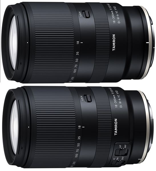 This is an image of two versions of the Tamron 18-300mm F/3.5-6.3 Di III-A VC VXD all-in-one zoom lens on a white background. 