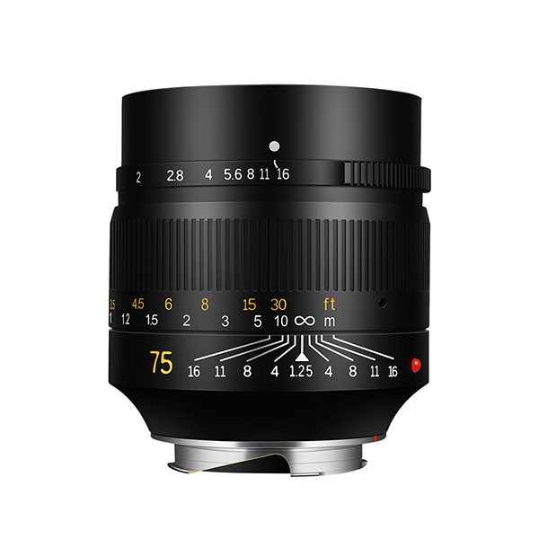 This is an image of the 7artisans 75mm f/1.25 lens for Leica M-mount cameras viewed from the side on a white background.