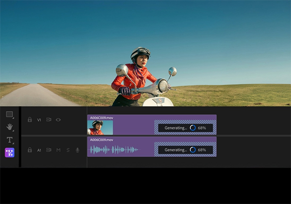 This is a photo of Adobe Premiere Pro software, which includes an image of a woman in an orange jacket riding on a motorcycle, and below this image, two purple-colored media clips, a video clip, and an audio clip on the software&acirc;s timeline.