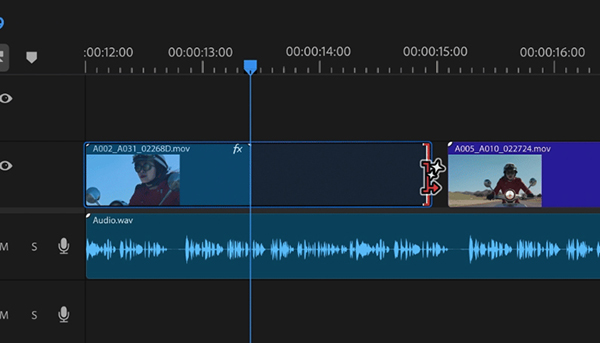This image shows three media clips (two video clips and one audio clip) on Adobe Premiere Pro&acirc;s timeline. 