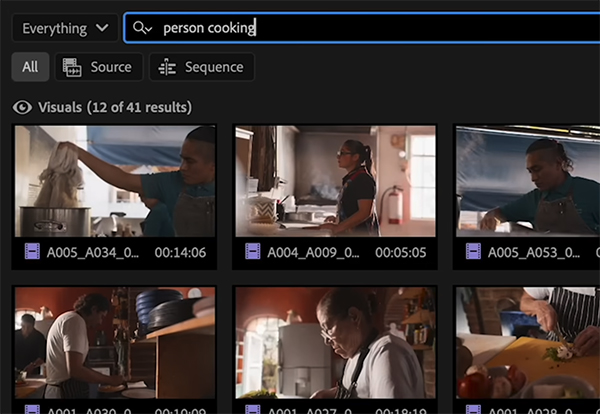 This is a photo of Adobe Premiere Pro software, which includes six color photos of people cooking against a black background with the words &acirc;people cooking&acirc; at the top