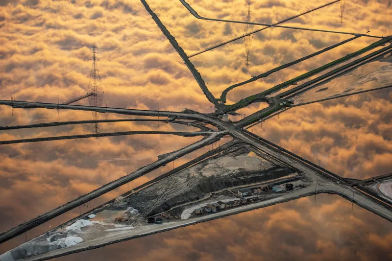 Golden clouds perfectly reflected in the grid-like salt ponds of San Francisco Bay seen from above.
