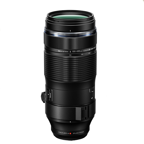 The Olympus OM M.Zuiko Digital ED 100-400mm F5.0-6.3 IS II telephoto zoom lens (shown vertically) is depicted on a white background.